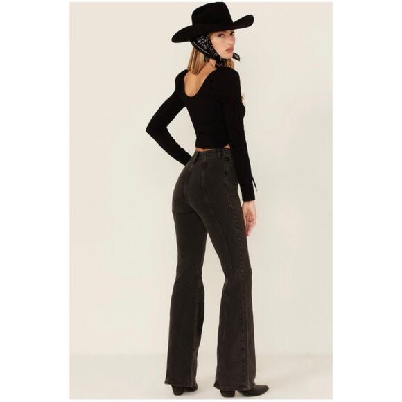 Free People We The Free Women’s Sz 27 High Rise Flare Jeans Black Gray Denim - Picture 2 of 15